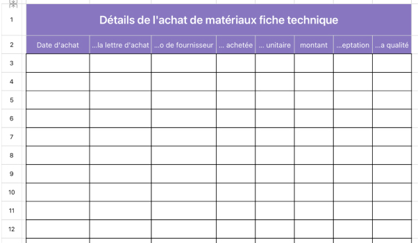 Détails de l'achat de matériaux fiche technique